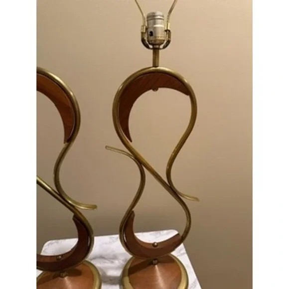 Mid Century Modern‎ Oak & Brass Table Lamps A Pair Vintage Lighting Decor - Picture 5 of 15